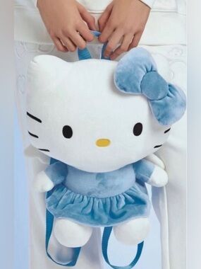 Hello Kitty Plush Backpack With Blue Dress & Bow - Soft Angel Wing